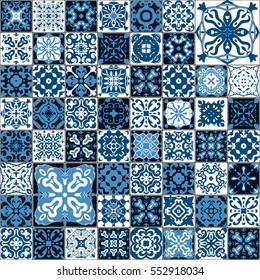 Seamless tile pattern. Colorful lisbon, mediterranean floral ornament pattern. Square flower blue mosaic. Islam, Arabic, Indian, Turkish, Pakistan, Chinese Moroccan, Portuguese Ottoman motifs. vector.