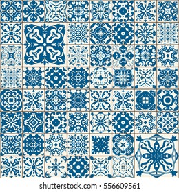 Seamless tile pattern. Colorful lisbon, mediterranean floral ornament pattern. Square flower blue mosaic. Islam, Arabic, Indian, Turkish, Pakistan, Chinese Moroccan, Portuguese Ottoman motifs. vector.