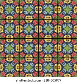 Seamless Tile Pattern, Crazy Patchwork Quilt Ornament. Endless Ethnic Texture with Square Ornate Motif. Vintage Mosaic Décor. Swatch for Fabric Texlile, Wrapping Paper, Wallpaper. Vector Illustration