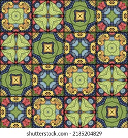 Seamless Tile Pattern, Crazy Patchwork Quilt Ornament. Endless Ethnic Texture with Square Ornate Motif. Vintage Mosaic Décor. Swatch for Fabric Texlile, Wrapping Paper, Wallpaper. Vector Illustration