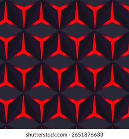 Seamless tile pattern with dark background glowing red triangular elements. Ideal for futuristic backgrounds, tech-themed designs, clothing fabrics, digital wallpapers, and abstract surface textures.