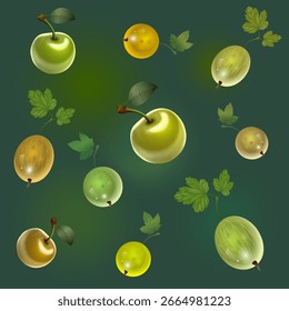 Seamless tile pattern with different berries glossy berries
on a green background