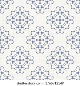 Seamless tile pattern in french blue linen shabby chic style. Hand drawn floral damask texture. Old white blue background. Farmhouse style wallpaper home decor swatch. Flower motif all over print