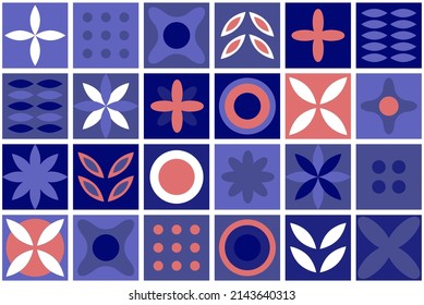 Seamless tile pattern with geometric symmetrical pattern. Blue tiles with simple shapes. Vector illustration