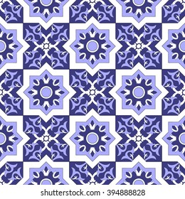 Patrón de azulejos sin costuras con azulejos portugueses. Vector de diseño de patrón azulejo blanco y azul.
