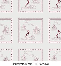 Seamless tile pattern with river motives. Stylized leaves and grass on the water surface with a bird. Drawing of burgundy color on a light gray background.