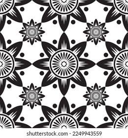 seamless tile pattern star floral black white