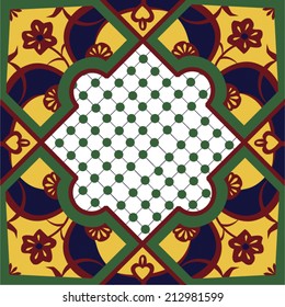 Seamless tile pattern in a style similar to Morroccan or traditional talavera tiles. In traditional colors of green, red and gold this tile is very intricate featuring a abstract flower. 