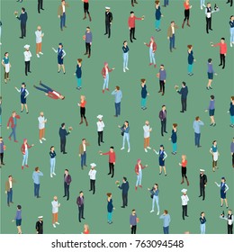 Seamless tile of people crowd isometric 3d flat design vector standing people different characters, styles and professions, full length diverse acting poses collection.