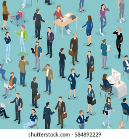 Baldosas sin foco de gente en la oficina. Isométrico 3d vector de diseño plano de pie y sentado de personas diferentes personajes, estilos y profesiones, de longitud completa colección de poses de acción diversa.