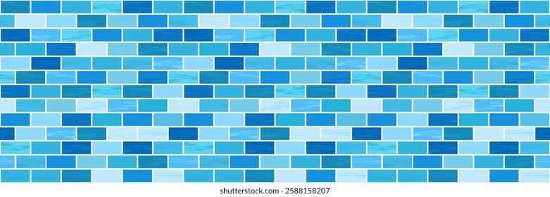 Seamless tile pool pattern of rectangular tiles. Endless texture of azure tiles for pool or bathroom. The pool tile in the form of a brick wall has a seamless texture. Illustrated vector clipart.