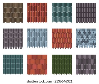 Seamless tile roof set. Textured patterns of repeat ceramic rooftop. Clay tiles textures of house covering. Shingles illustration