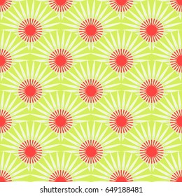 Seamless tile with rows of stylized spiked flowers in fresh green and red