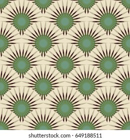 Seamless tile with rows of stylized spiked flowers in green and ivory