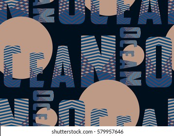 seamless tile with striped word Ocean pattern in black, navy blue and ivory shades
