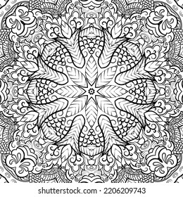 Seamless tile texture. Tracery mehndi design image. Binary monochrome black and white. Ethnic doodle art. Curved doodling picture. Vector
