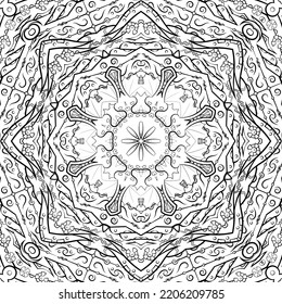Seamless tile texture. Tracery mehndi design image. Binary monochrome black and white. Ethnic doodle art. Curved doodling picture. Vector