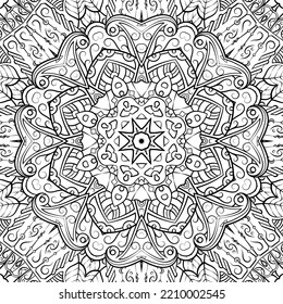 Seamless tile texture. Tracery mehndi design image. Binary monochrome black and white. Ethnic doodle art. Curved doodling picture. Vector