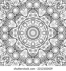 Seamless tile texture. Tracery mehndi design image. Binary monochrome black and white. Ethnic doodle art. Curved doodling picture. Vector