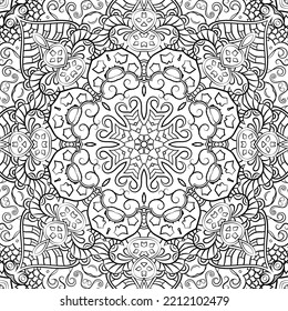 Seamless tile texture. Tracery mehndi design image. Binary monochrome black and white. Ethnic doodle art. Curved doodling picture. Vector