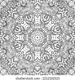 Seamless tile texture. Tracery mehndi design image. Binary monochrome black and white. Ethnic doodle art. Curved doodling picture. Vector