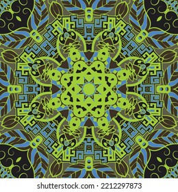Seamless tile texture. Tracery mehndi design image. Dark toxic colors. Ethnic doodle art. Curved doodling picture. Vector