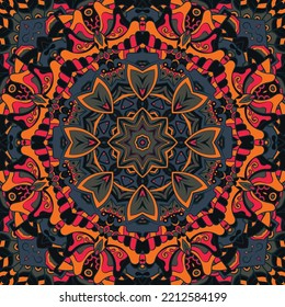 Seamless tile texture. Tracery mehndi design image. Dark toxic colors. Ethnic doodle art. Curved doodling picture. Vector