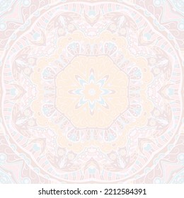 Seamless tile texture. Tracery mehndi design image. Pastel. Ethnic doodle art. Curved doodling picture. Vector