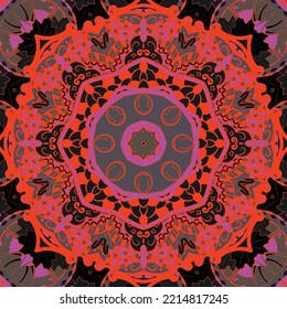 Seamless tile texture. Tracery mehndi design image. Dark toxic colors. Ethnic doodle art. Curved doodling picture. Vector