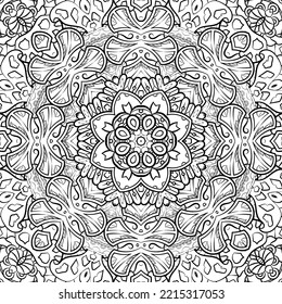 Seamless tile texture. Tracery mehndi design image. Binary monochrome black and white. Ethnic doodle art. Curved doodling picture. Vector