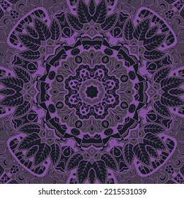 Seamless tile texture. Tracery mehndi design image. Dark toxic colors. Ethnic doodle art. Curved doodling picture. Vector