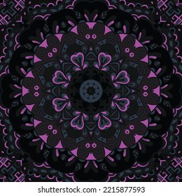 Seamless tile texture. Tracery mehndi design image. Dark toxic colors. Ethnic doodle art. Curved doodling picture. Vector
