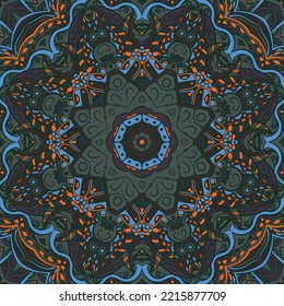 Seamless tile texture. Tracery mehndi design image. Dark toxic colors. Ethnic doodle art. Curved doodling picture. Vector