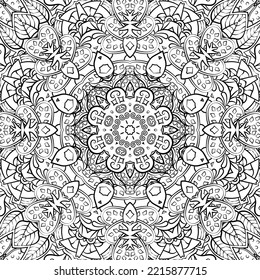 Seamless tile texture. Tracery mehndi design image. Binary monochrome black and white. Ethnic doodle art. Curved doodling picture. Vector