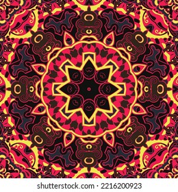 Seamless tile texture. Tracery mehndi design image. Dark toxic colors. Ethnic doodle art. Curved doodling picture. Vector