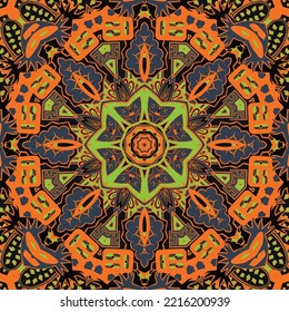 Seamless tile texture. Tracery mehndi design image. Dark toxic colors. Ethnic doodle art. Curved doodling picture. Vector