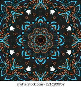Seamless tile texture. Tracery mehndi design image. Dark toxic colors. Ethnic doodle art. Curved doodling picture. Vector