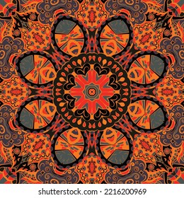 Seamless tile texture. Tracery mehndi design image. Dark toxic colors. Ethnic doodle art. Curved doodling picture. Vector