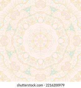 Seamless tile texture. Tracery mehndi design image. Pastel. Ethnic doodle art. Curved doodling picture. Vector
