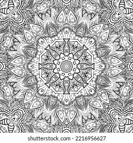 Seamless tile texture. Tracery mehndi design image. Binary monochrome black and white. Ethnic doodle art. Curved doodling picture. Vector