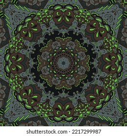 Seamless tile texture. Tracery mehndi design image. Dark toxic colors. Ethnic doodle art. Curved doodling picture. Vector