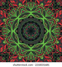 Seamless tile texture. Tracery mehndi design image. Dark toxic colors. Ethnic doodle art. Curved doodling picture. Vector