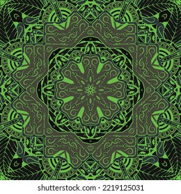 Seamless tile texture. Tracery mehndi design image. Dark toxic colors. Ethnic doodle art. Curved doodling picture. Vector
