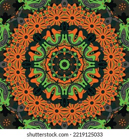 Seamless tile texture. Tracery mehndi design image. Dark toxic colors. Ethnic doodle art. Curved doodling picture. Vector