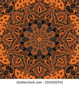 Seamless tile texture. Tracery mehndi design image. Dark toxic colors. Ethnic doodle art. Curved doodling picture. Vector