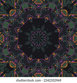 Seamless tile texture. Tracery mehndi design image. Dark toxic colors. Ethnic doodle art. Curved doodling picture. Vector
