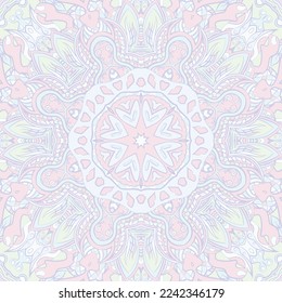 Seamless tile texture. Tracery mehndi design image. Pastel. Ethnic doodle art. Curved doodling picture. Vector