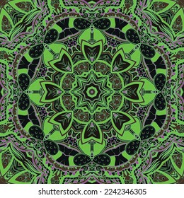 Seamless tile texture. Tracery mehndi design image. Dark toxic colors. Ethnic doodle art. Curved doodling picture. Vector