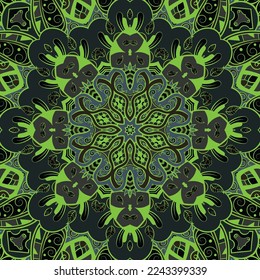 Seamless tile texture. Tracery mehndi design image. Dark toxic colors. Ethnic doodle art. Curved doodling picture. Vector