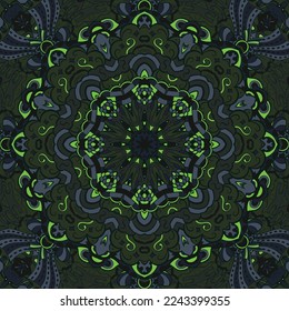 Seamless tile texture. Tracery mehndi design image. Dark toxic colors. Ethnic doodle art. Curved doodling picture. Vector